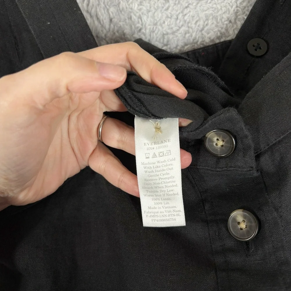 Everlane Linen Picnic Straight Leg Jumpsuit Size 0 Black Sleeveless Button Front